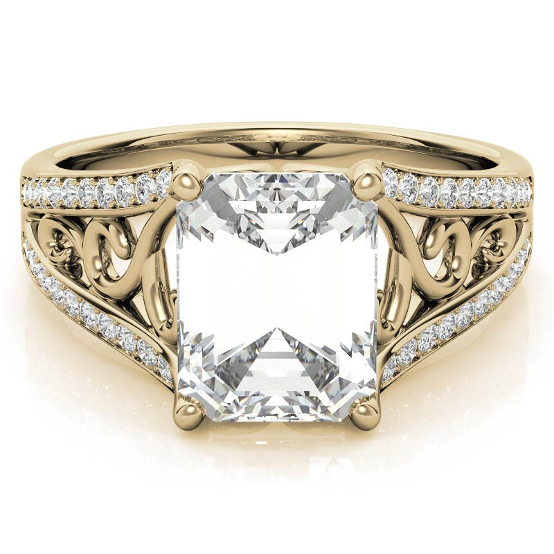 Emerald / Radiant Moissanite Split Shank Engagement Ring with Scroll Detail