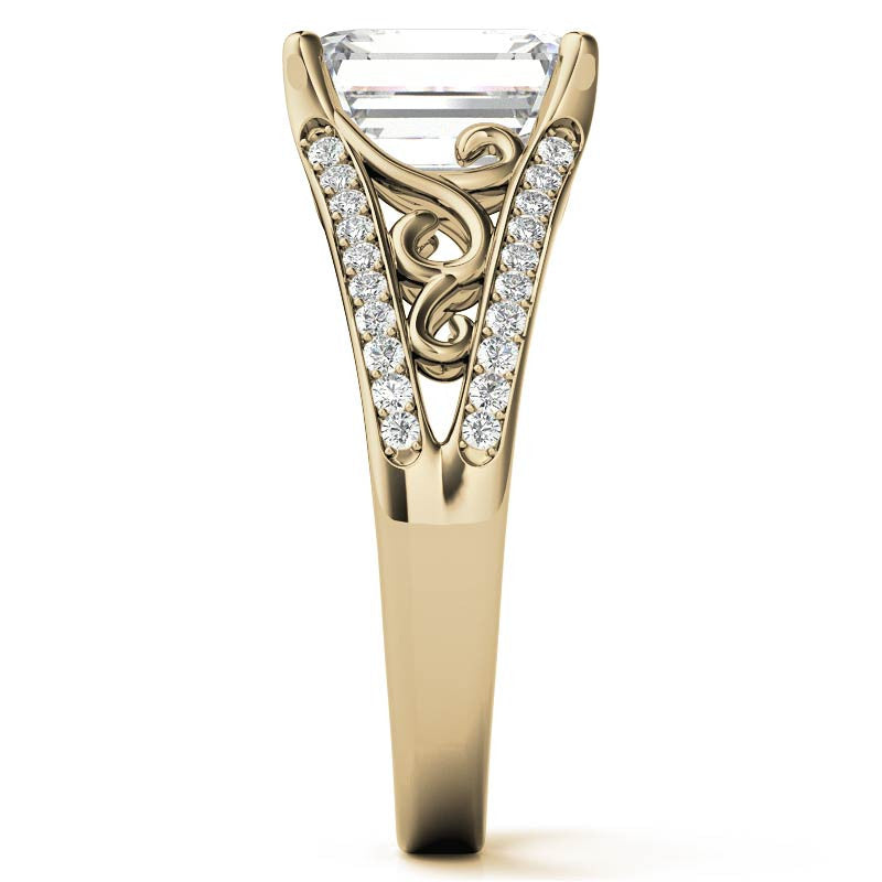 Emerald / Radiant Moissanite Split Shank Engagement Ring with Scroll Detail