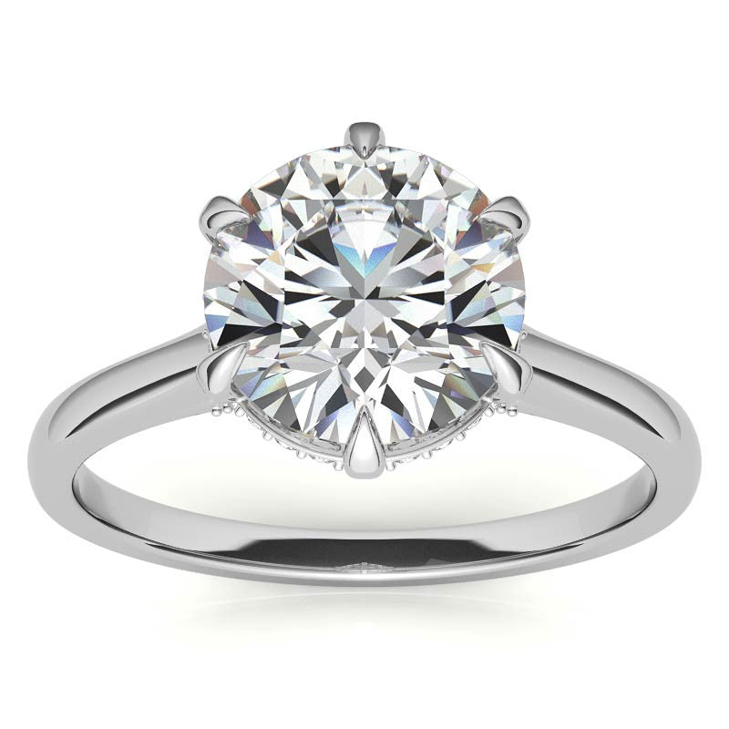 Round Brilliant Moissanite 6-Prong Cathedral Engagement Ring with Hidden Halo