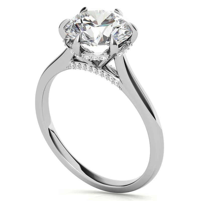 Round Brilliant Moissanite 6-Prong Cathedral Engagement Ring with Hidden Halo