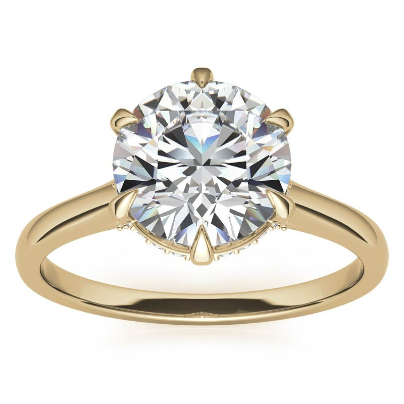 Round Brilliant Moissanite 6-Prong Cathedral Engagement Ring with Hidden Halo
