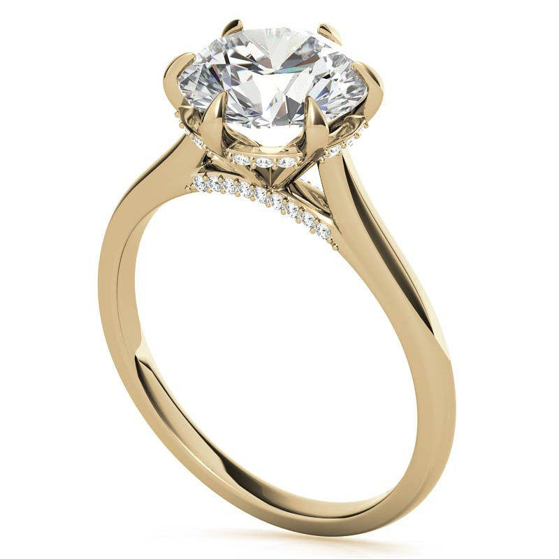 Round Brilliant Moissanite 6-Prong Cathedral Engagement Ring with Hidden Halo