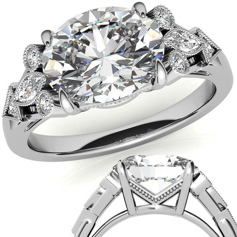 Antique East-West Oval Moissanite Cathedral Engagement Ring with Milgrain