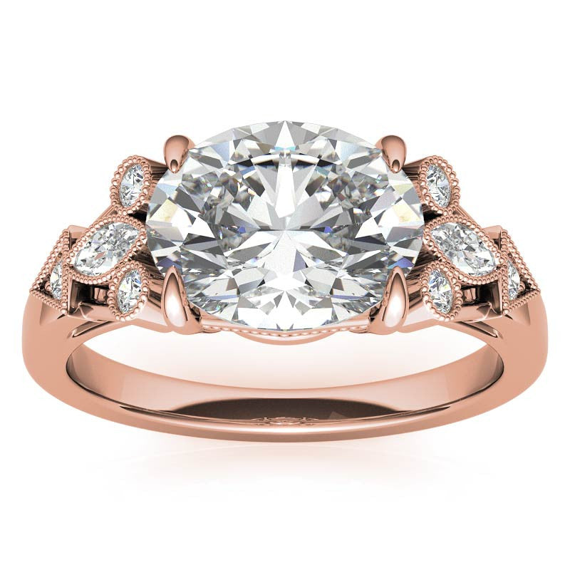 Antique East-West Oval Moissanite Cathedral Engagement Ring with Milgrain