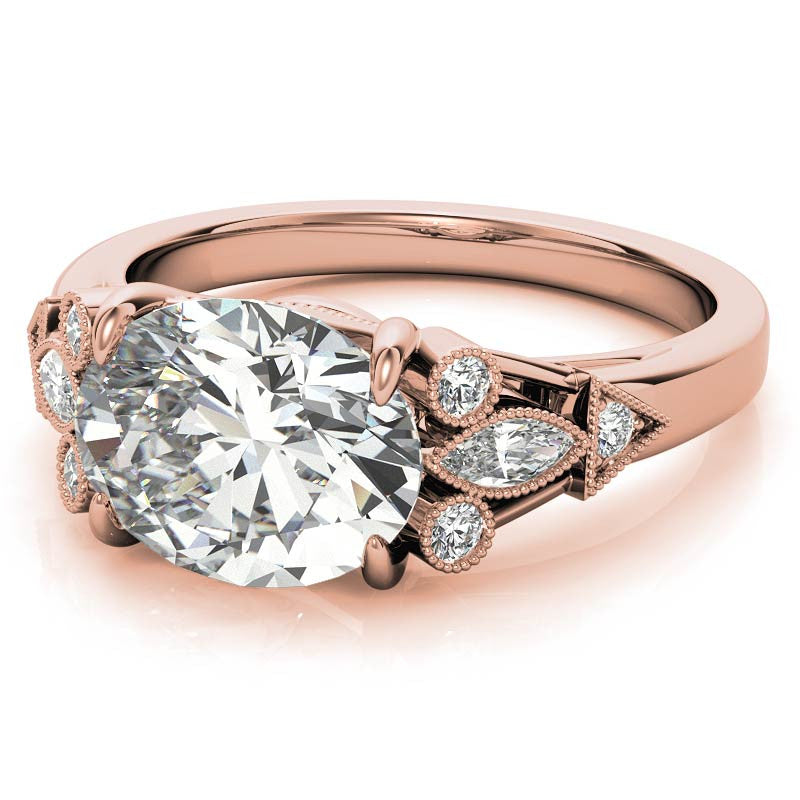 Antique East-West Oval Moissanite Cathedral Engagement Ring with Milgrain