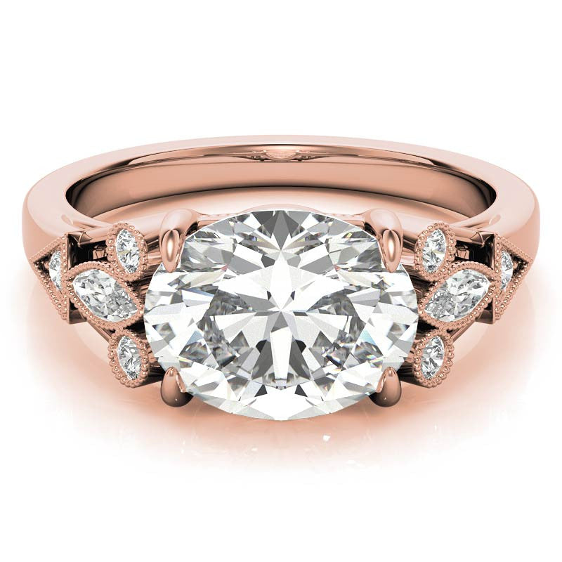 Antique East-West Oval Moissanite Cathedral Engagement Ring with Milgrain