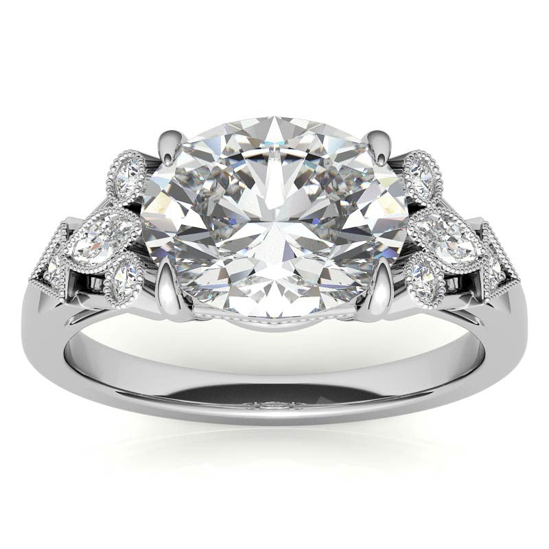 Antique East-West Oval Moissanite Cathedral Engagement Ring with Milgrain