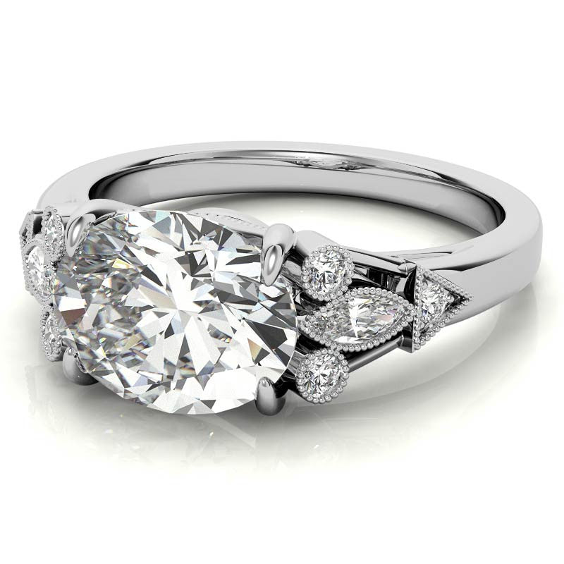 Antique East-West Oval Moissanite Cathedral Engagement Ring with Milgrain