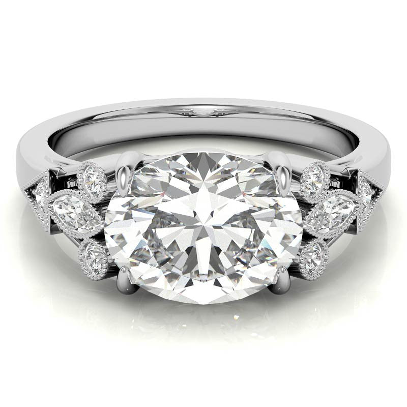 Antique East-West Oval Moissanite Cathedral Engagement Ring with Milgrain