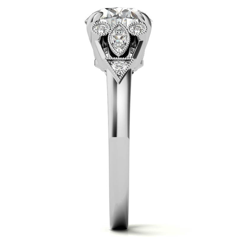 Antique East-West Oval Moissanite Cathedral Engagement Ring with Milgrain