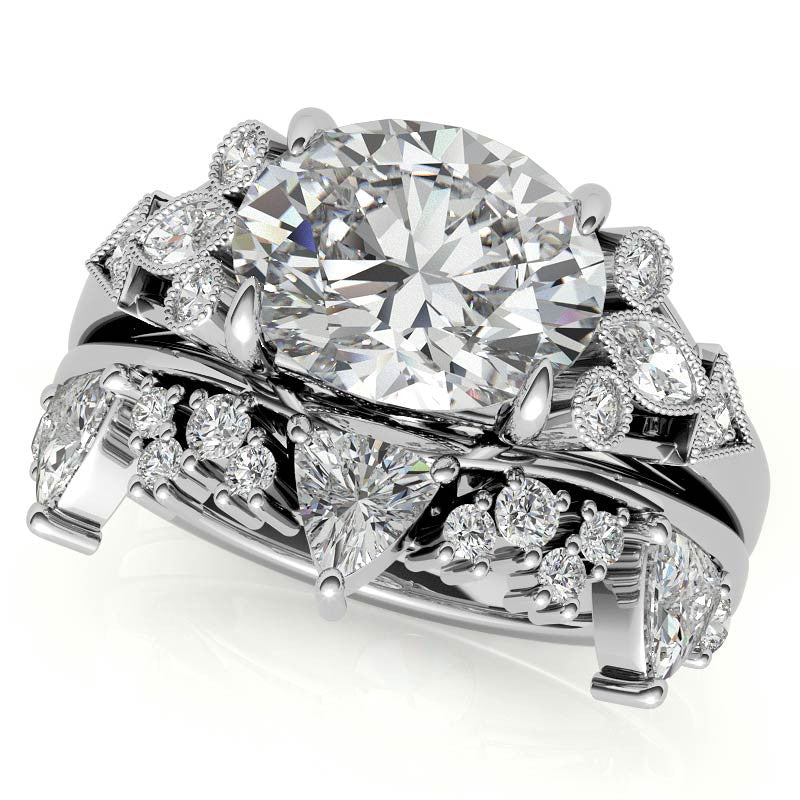 Antique East-West Oval Moissanite Cathedral Engagement Ring with Milgrain