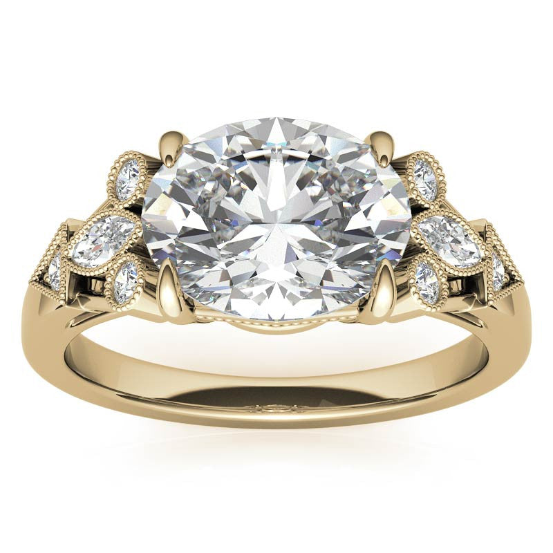 Antique East-West Oval Moissanite Cathedral Engagement Ring with Milgrain