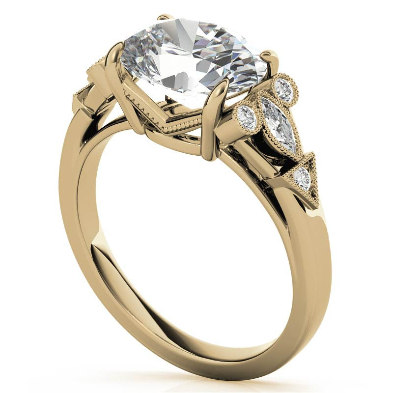 Antique East-West Oval Moissanite Cathedral Engagement Ring with Milgrain