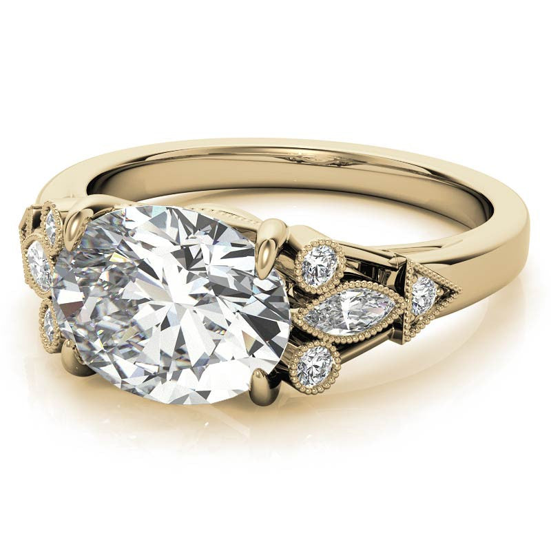 Antique East-West Oval Moissanite Cathedral Engagement Ring with Milgrain