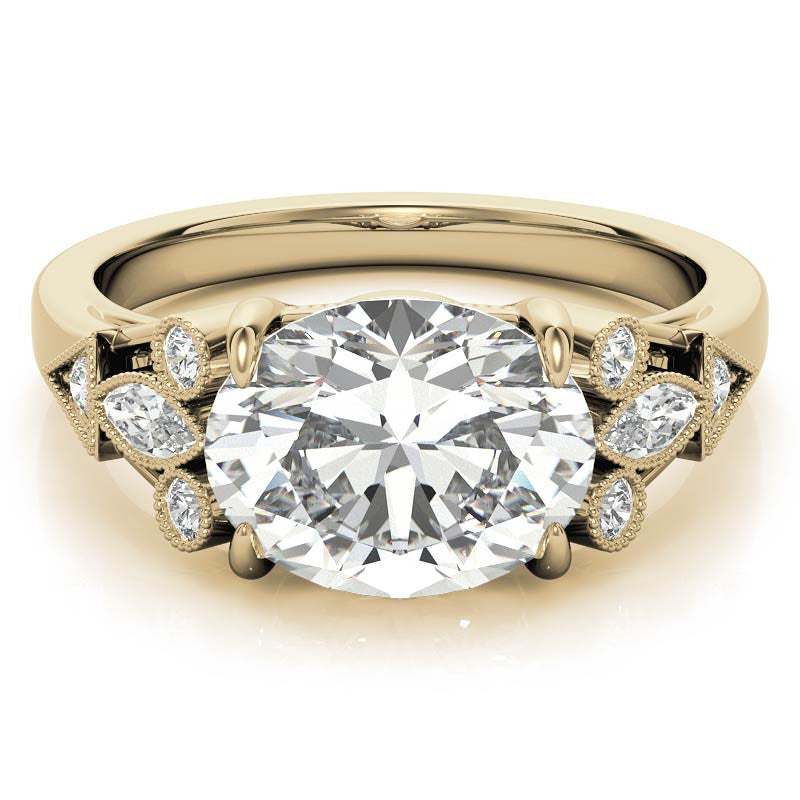 Antique East-West Oval Moissanite Cathedral Engagement Ring with Milgrain