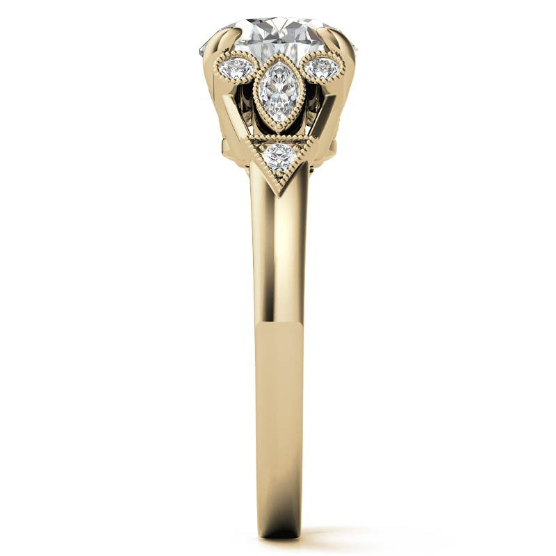 Antique East-West Oval Moissanite Cathedral Engagement Ring with Milgrain