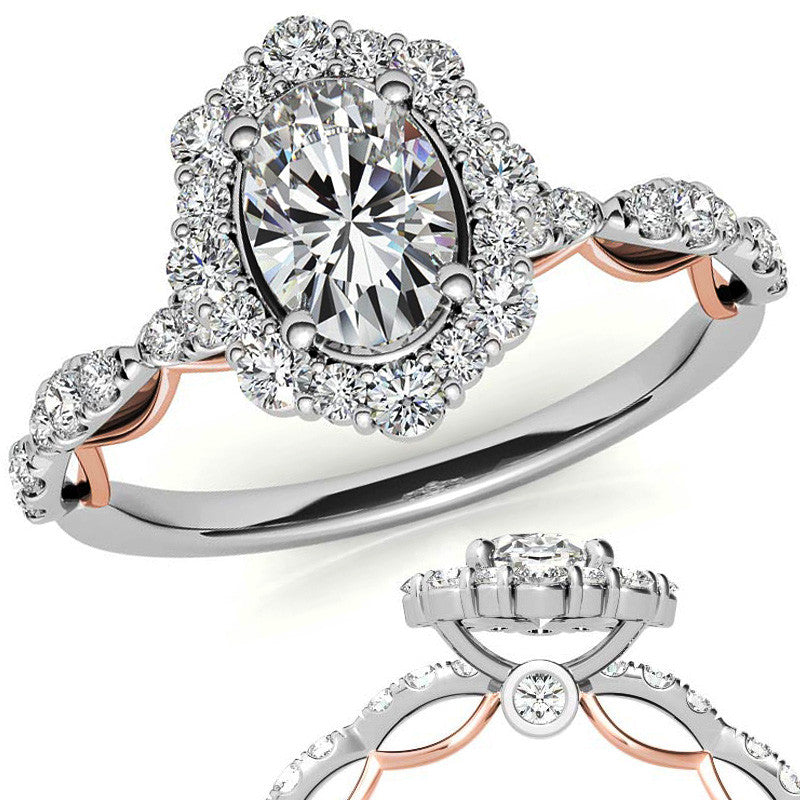 Scallop Design Oval Halo Moissanite Engagement Ring