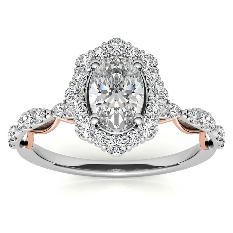 Scallop Design Oval Halo Moissanite Engagement Ring