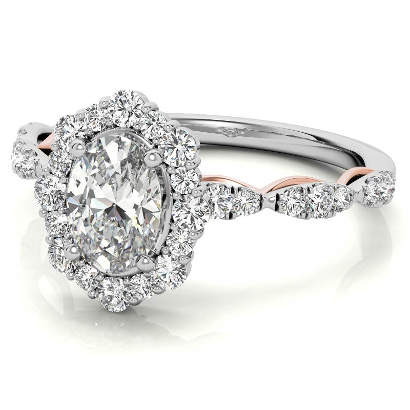 Scallop Design Oval Halo Moissanite Engagement Ring
