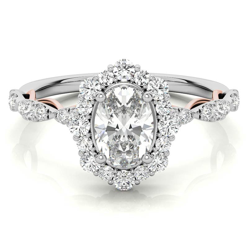 Scallop Design Oval Halo Moissanite Engagement Ring