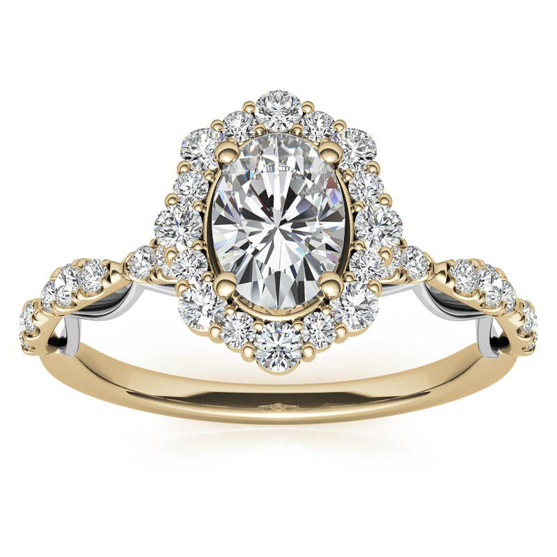 Scallop Design Oval Halo Moissanite Engagement Ring