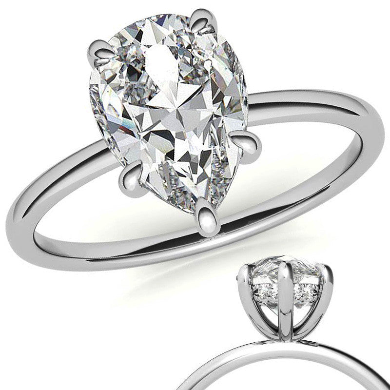 Pear Moissanite Solitaire Ring with Hidden Halo and Plain Band
