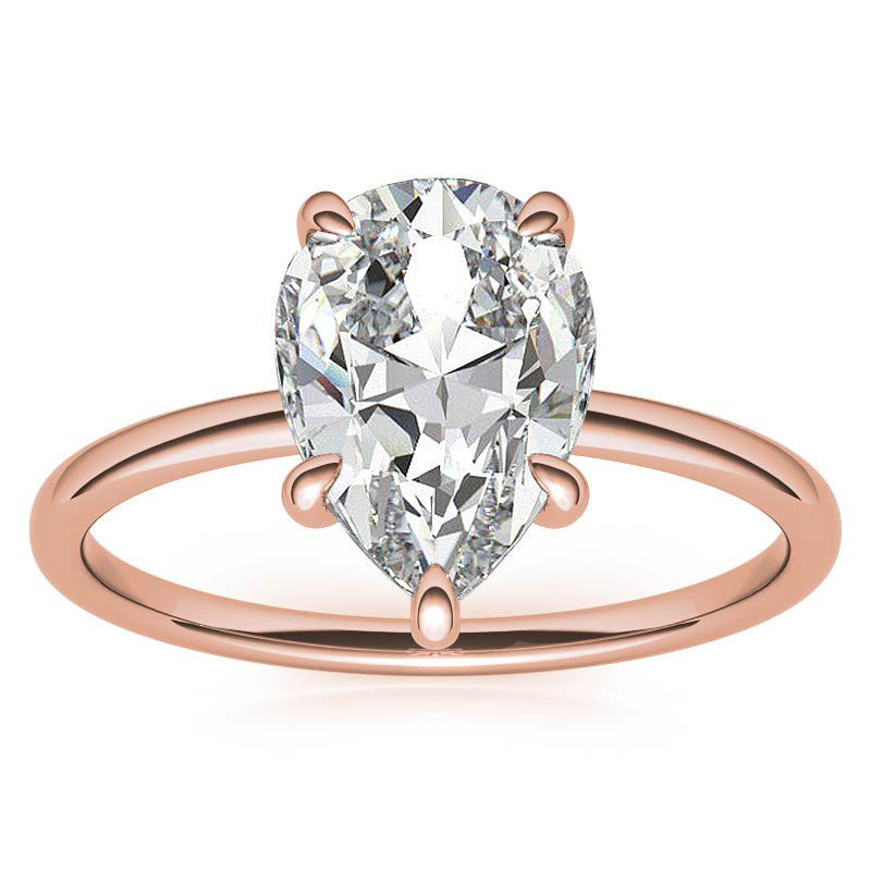 Pear Moissanite Solitaire Ring with Hidden Halo and Plain Band