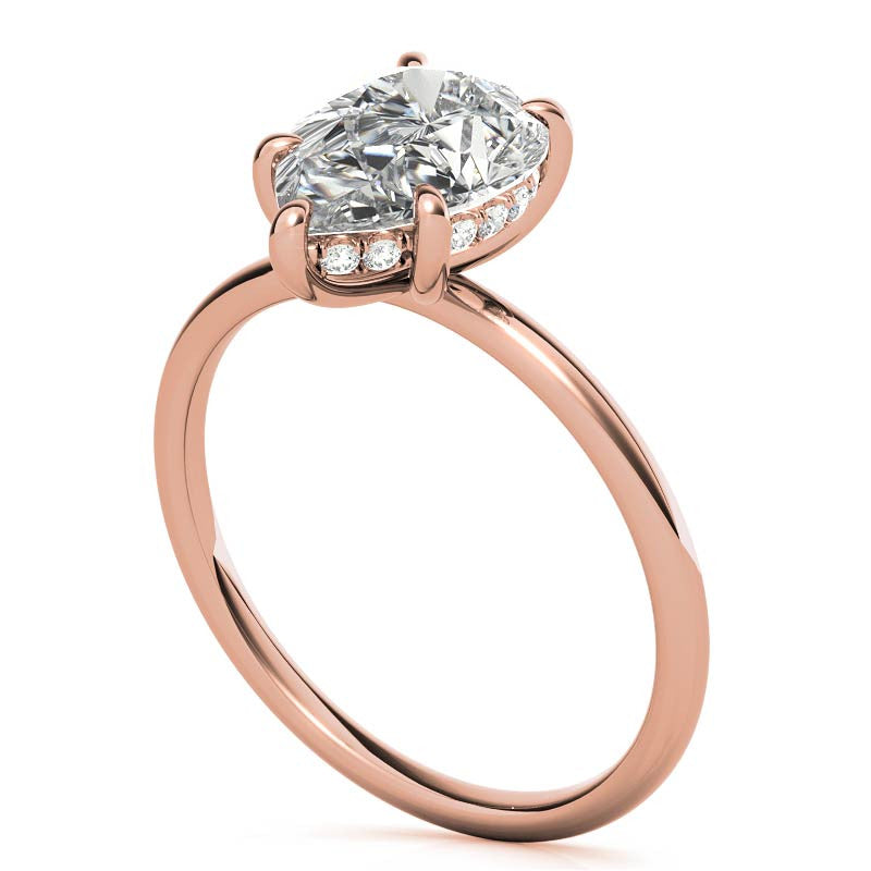 Pear Moissanite Solitaire Ring with Hidden Halo and Plain Band