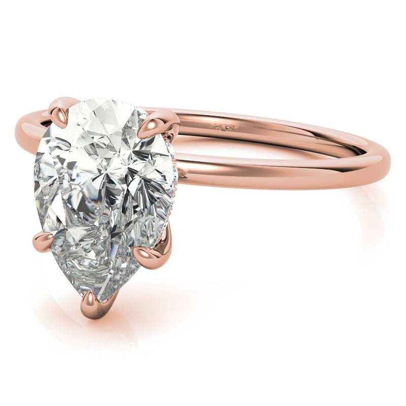 Pear Moissanite Solitaire Ring with Hidden Halo and Plain Band