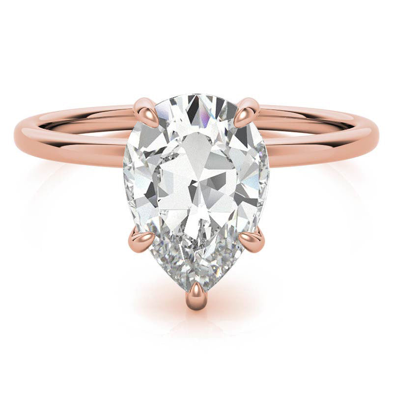 Pear Moissanite Solitaire Ring with Hidden Halo and Plain Band