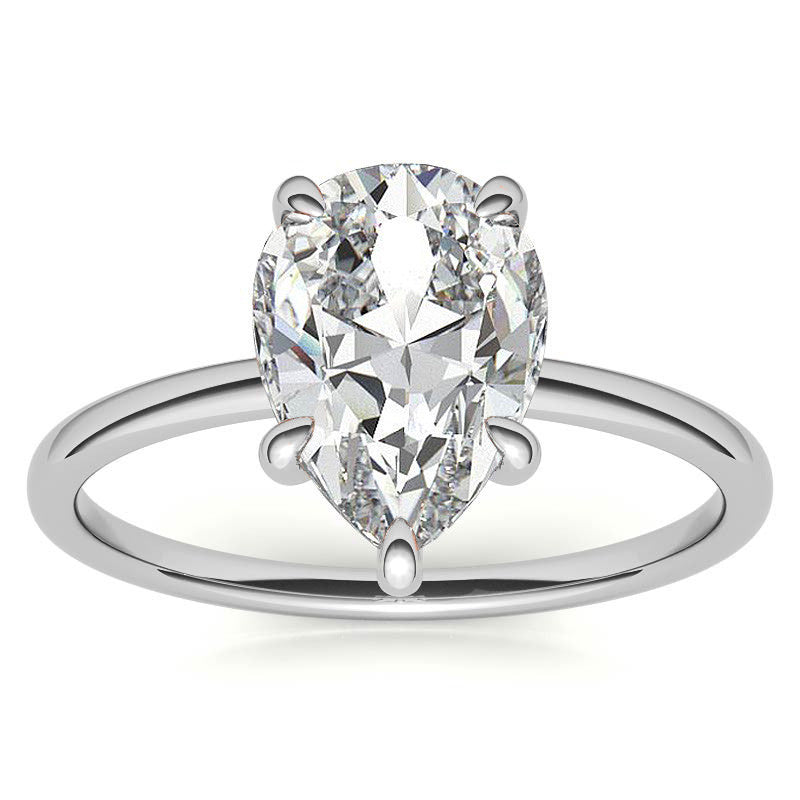 Pear Moissanite Solitaire Ring with Hidden Halo and Plain Band