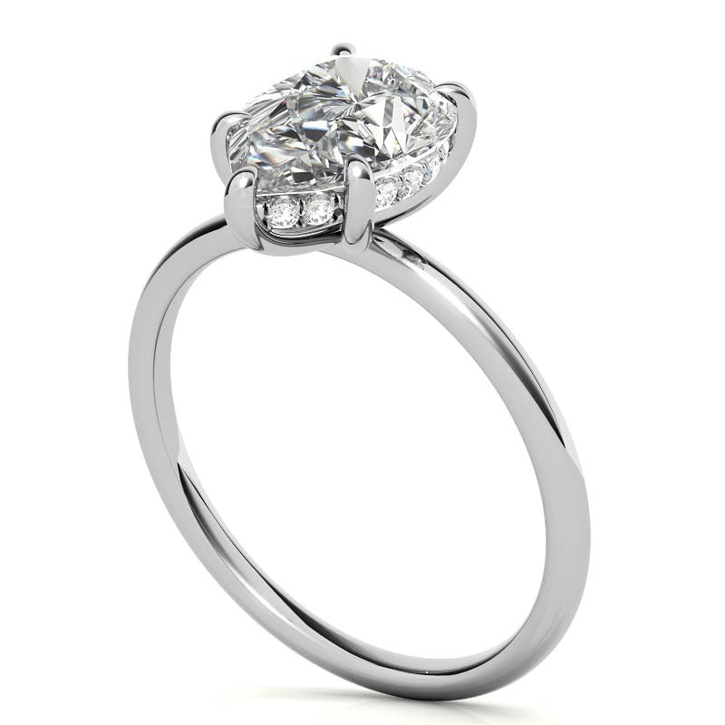 Pear Moissanite Solitaire Ring with Hidden Halo and Plain Band