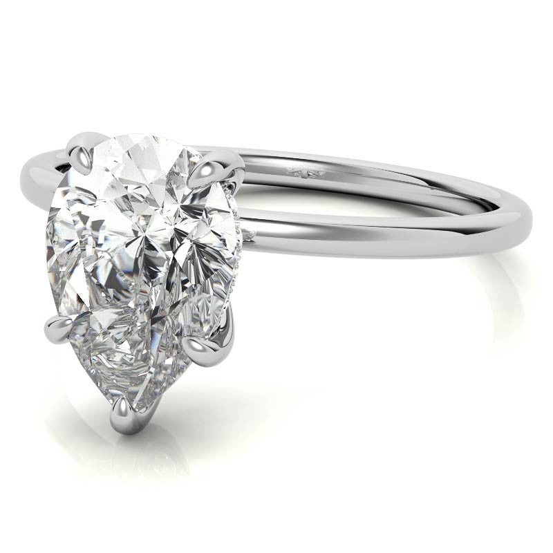 Pear Moissanite Solitaire Ring with Hidden Halo and Plain Band