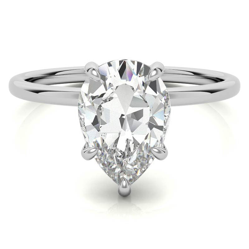Pear Moissanite Solitaire Ring with Hidden Halo and Plain Band