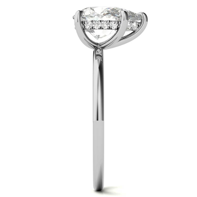 Pear Moissanite Solitaire Ring with Hidden Halo and Plain Band