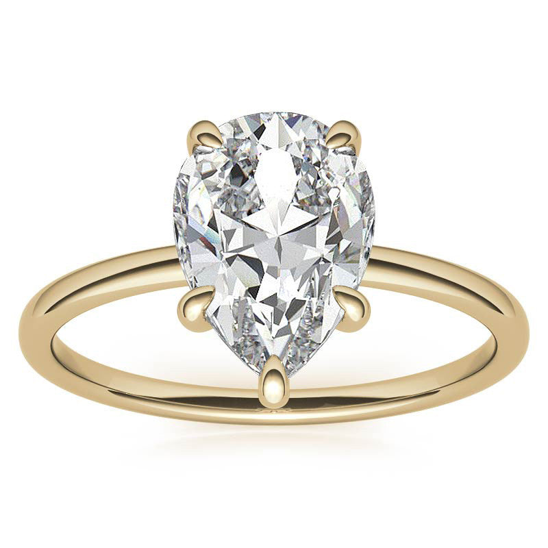 Pear Moissanite Solitaire Ring with Hidden Halo and Plain Band