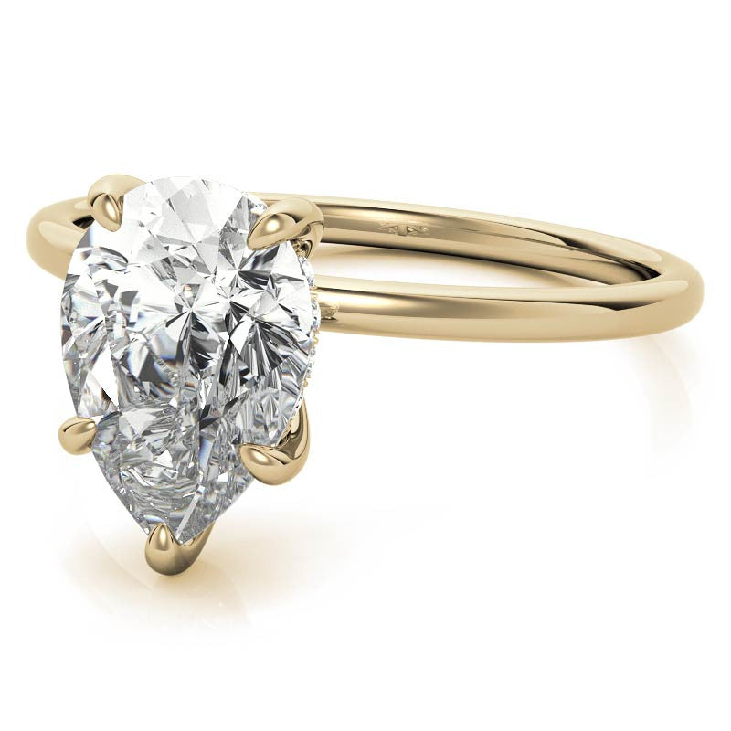Pear Moissanite Solitaire Ring with Hidden Halo and Plain Band