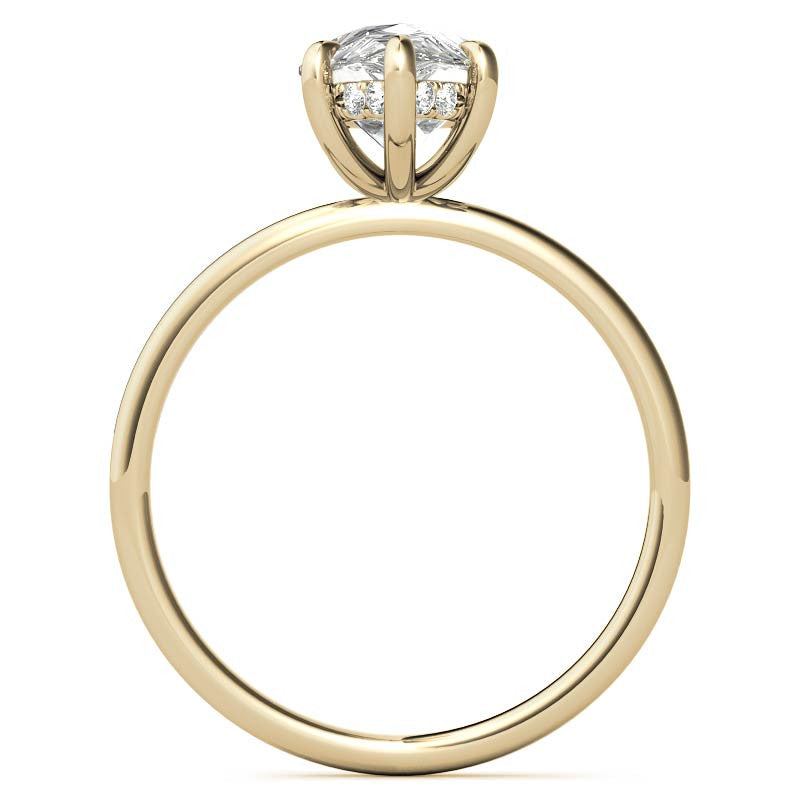 Pear Moissanite Solitaire Ring with Hidden Halo and Plain Band
