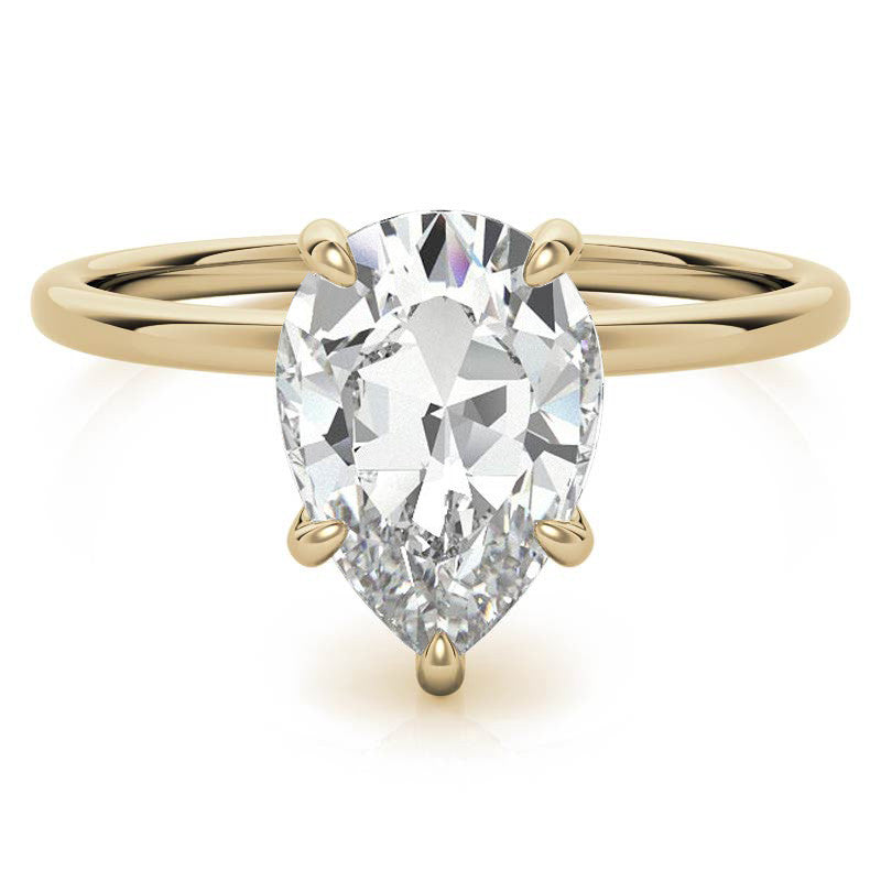 Pear Moissanite Solitaire Ring with Hidden Halo and Plain Band
