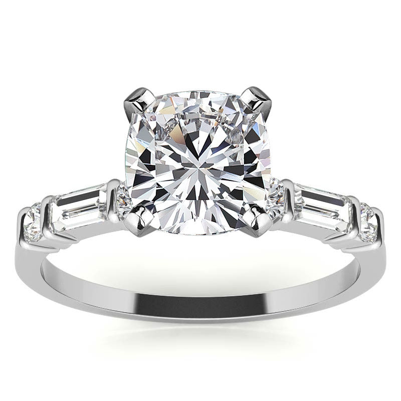 Round and Baguette Bar Set Moissanite Engagement Ring