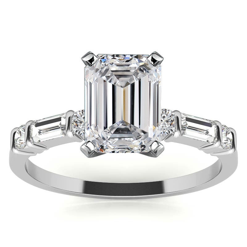Round and Baguette Bar Set Moissanite Engagement Ring