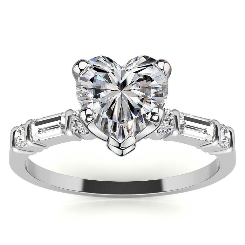 Round and Baguette Bar Set Moissanite Engagement Ring