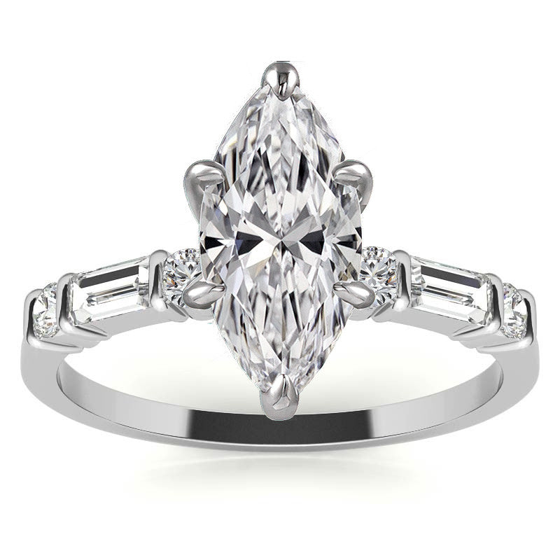 Round and Baguette Bar Set Moissanite Engagement Ring