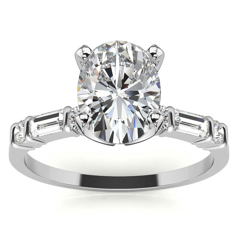 Round and Baguette Bar Set Moissanite Engagement Ring