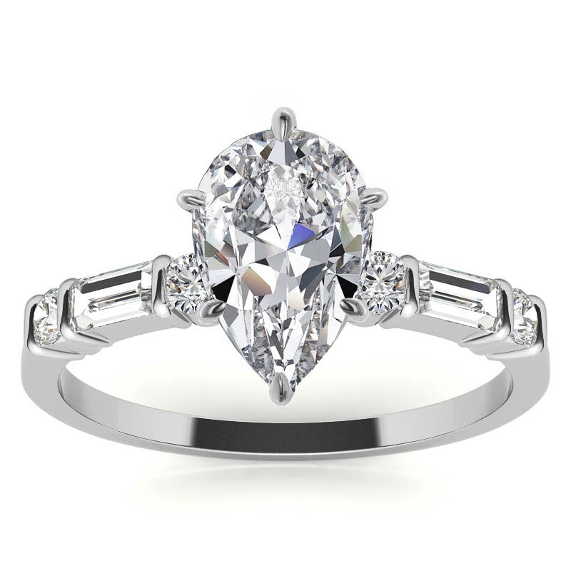 Round and Baguette Bar Set Moissanite Engagement Ring