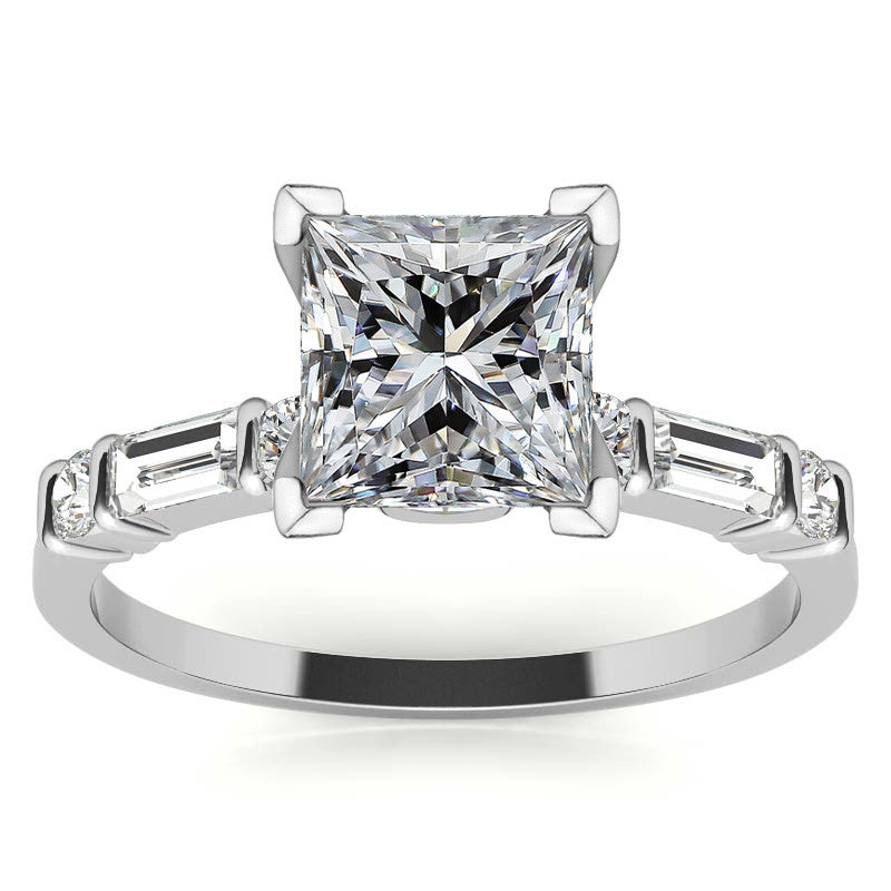 Round and Baguette Bar Set Moissanite Engagement Ring