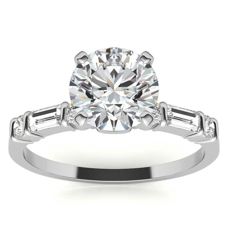Round and Baguette Bar Set Moissanite Engagement Ring