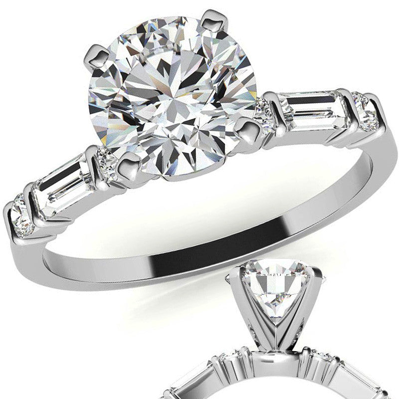 Round and Baguette Bar Set Moissanite Engagement Ring