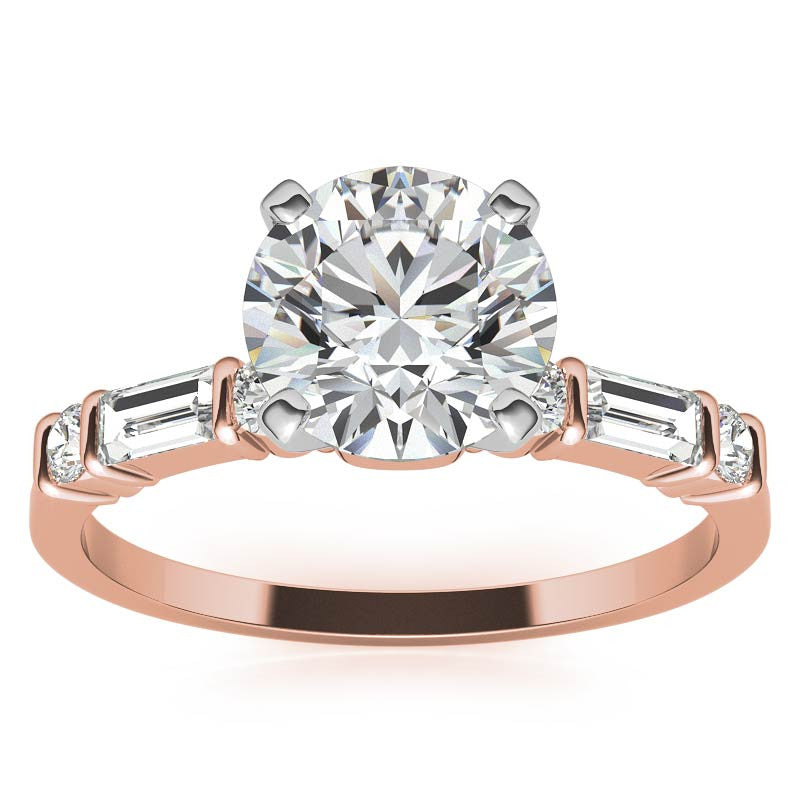 Round and Baguette Bar Set Moissanite Engagement Ring