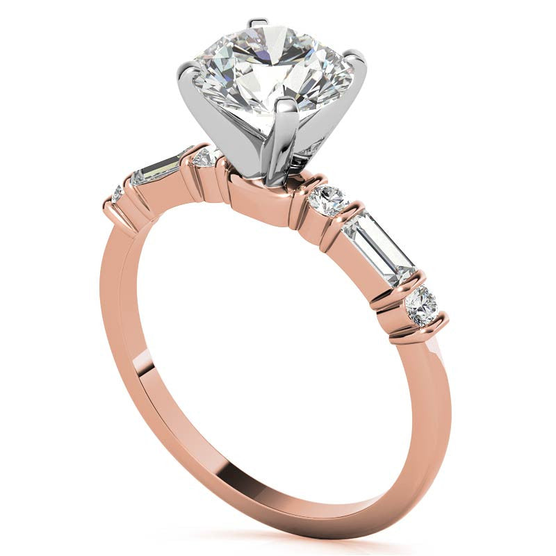 Round and Baguette Bar Set Moissanite Engagement Ring